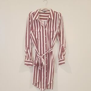 Madison Button Down Long Sleeve Red Vertical Stripe Shirt Dress